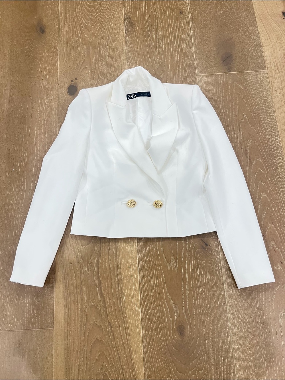 Zara White Cropped Double-Breasted Blazer with Gold Buttons